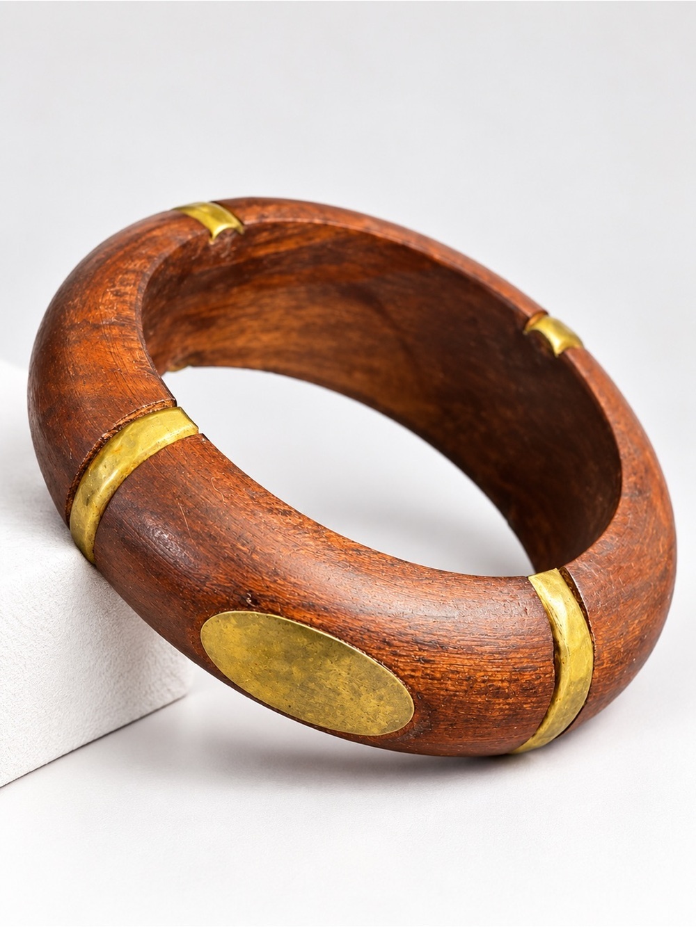 Boho 1970's Vintage Wood Carved Tribal Thick Bangle Bracelet*Gold Tone Accents